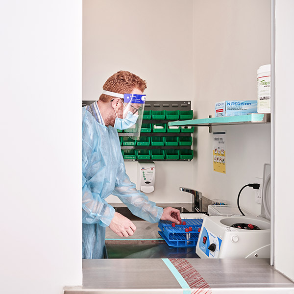 A lab technician sorting through blood samples in the lab for research