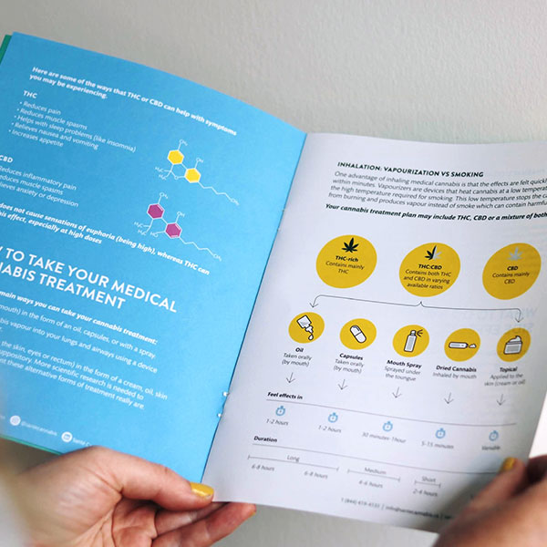 A patient looking through the Santé Cannabis patient handbook